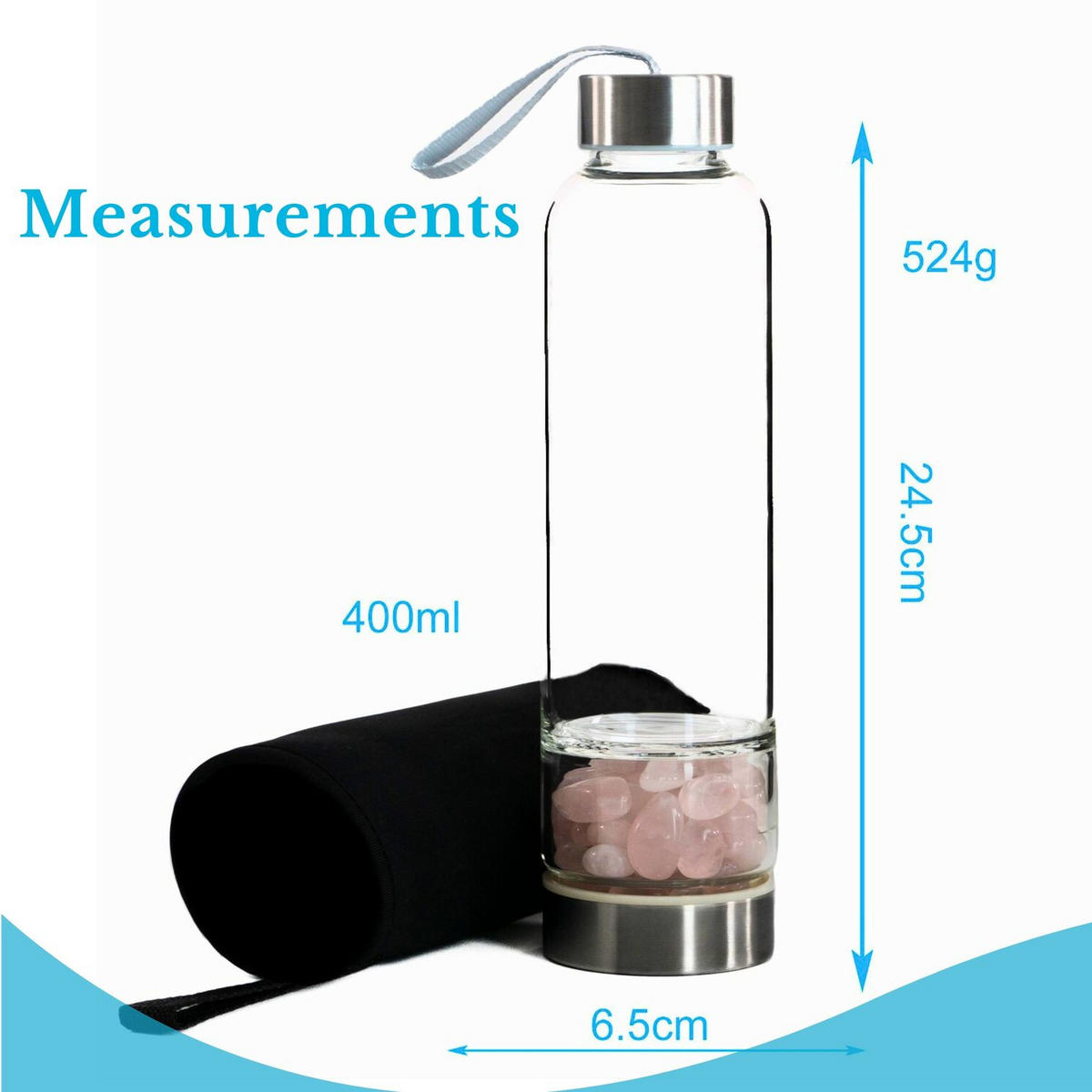 WASSERFLASCHE mit Heilsteinen und Tasche 400ml - Rosa, Glas (0.4L) - Intirilife