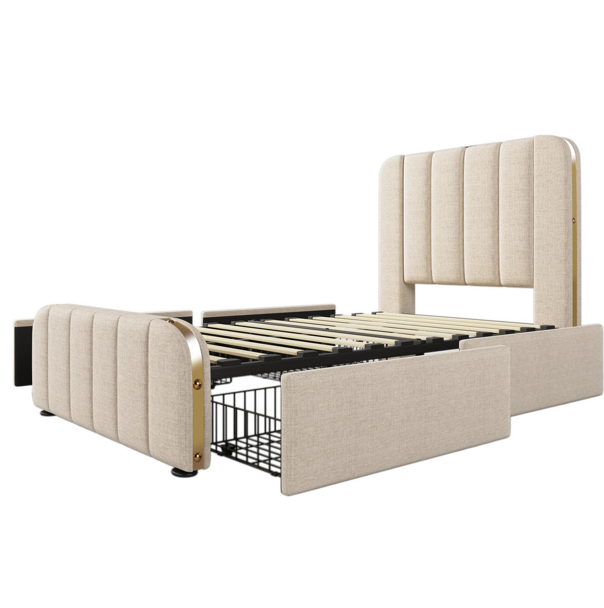 POLSTERBETT 90/200 cm Beige aus Leinen mit Matratze und 4 Schubladen - Beige, Textil (90/200cm) - OKMYHOME