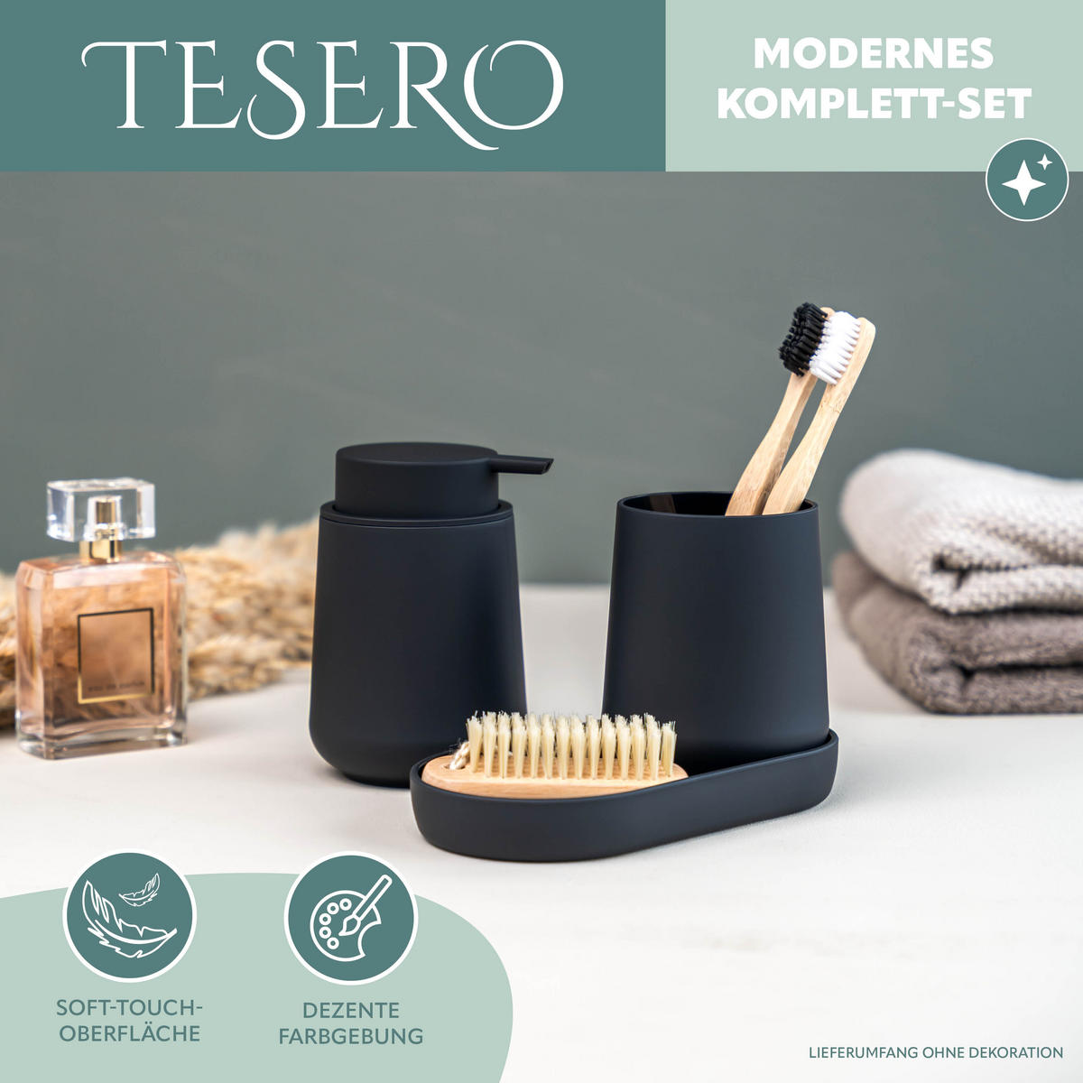 BAD-ACCESSOIRES-SET TESERO, Soft-Touch, schwarz - Schwarz, Kunststoff (18.5/13.5/10cm) - eluno