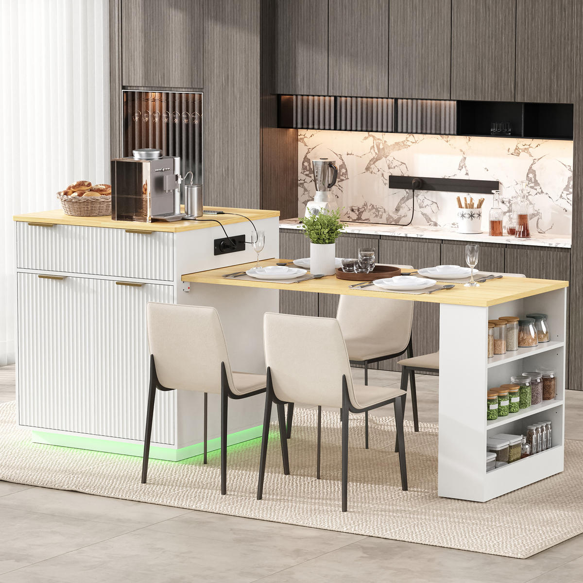 KÜCHENINSEL ausziehbar 127,5-205/67/92 cm mit LED DE-39579 Weiß - Weiß, Holzwerkstoff (67/92/127.5cm) - ComfortXL