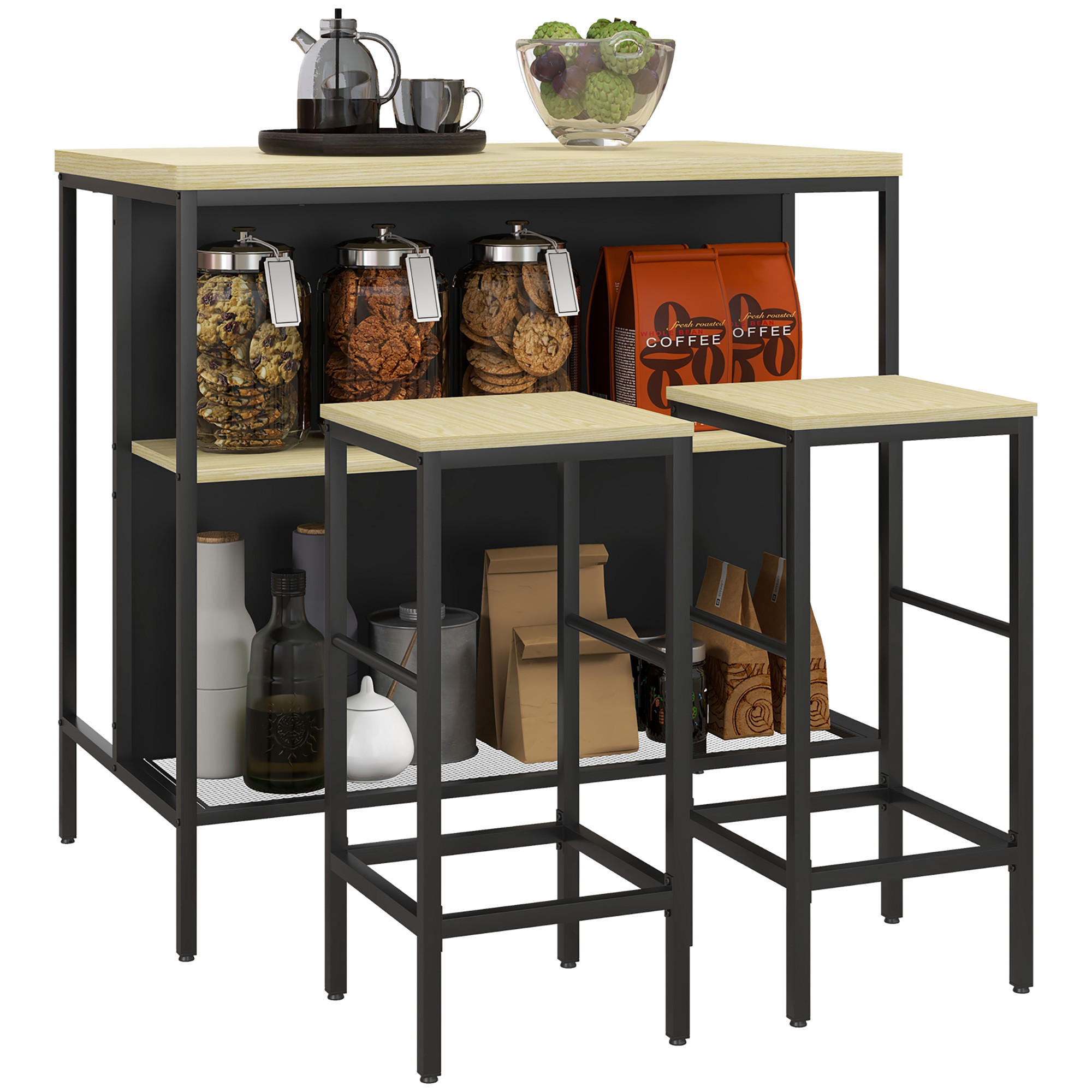 BAR-SET DE-07972 3-tlg. mit 2 Barhockern & Bartisch Eiche - Eichefarben, Metall (60/95/100cm) - ComfortXL