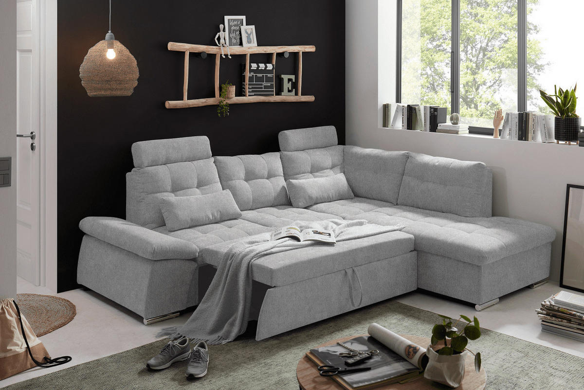 ECKSOFA mit Schlaffunktion, verstellbare Armlehne und Kopfstützen - Chromfarben/Hellgrau, Textil (219/260cm) - ed exciting design