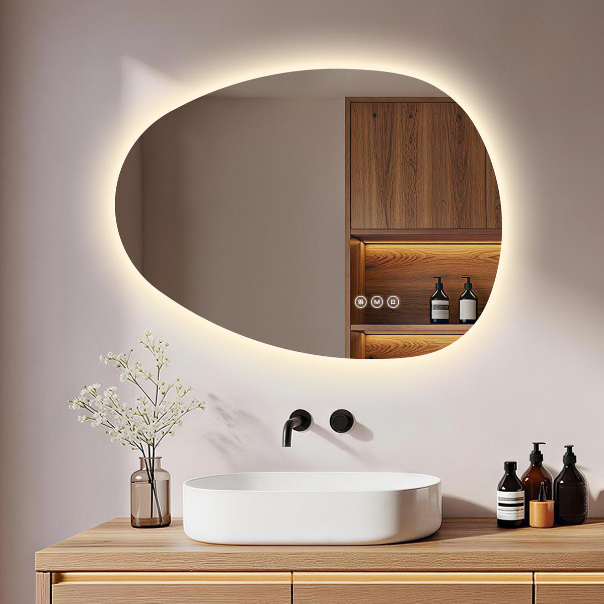 BADSPIEGEL MIT BELEUCHTUNG 60/45 cm asymmetrisch mit dimmbarer LED-Beleuchtung und Antibeschlag - Transparent, Glas (45/60/2.5cm) - S'AFIELINA