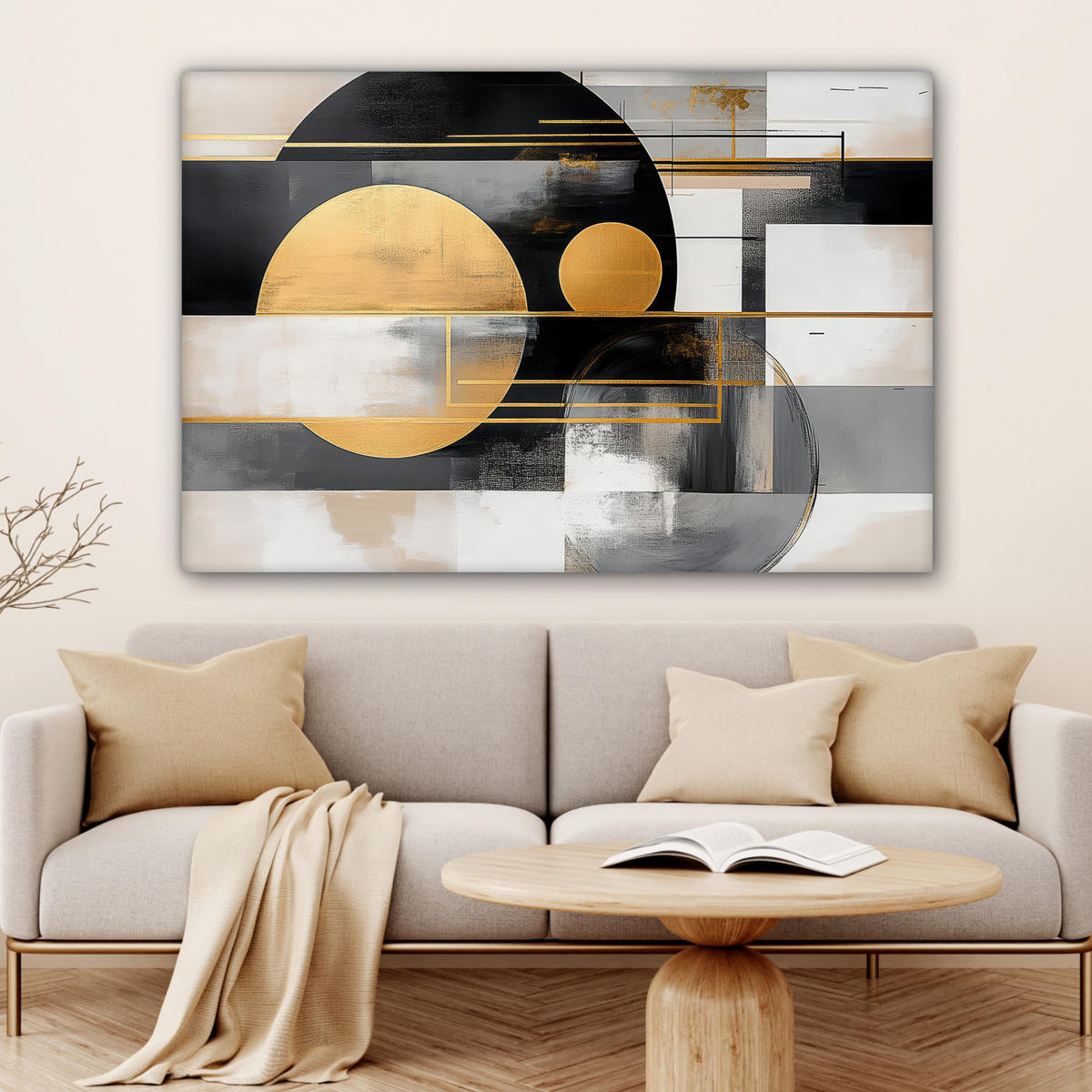 LEINWANDBILD Abstrakt - Gold - Silber - Formen - Ästhetisch - Modern Wohnzimmer Groß 120x80 cm - Goldfarben, Textil (120/80cm) - MuchoWow