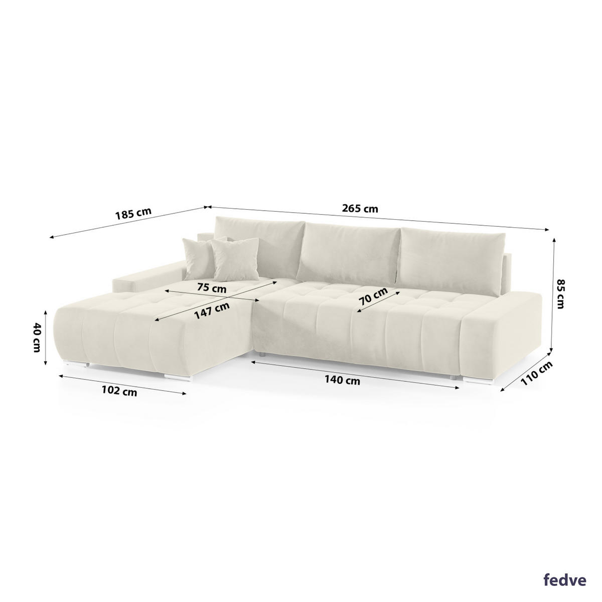 ECKSOFA mit Schlaffunktion Dhaka L, Vanille - Beige, Textil (185/265cm) - Fedve