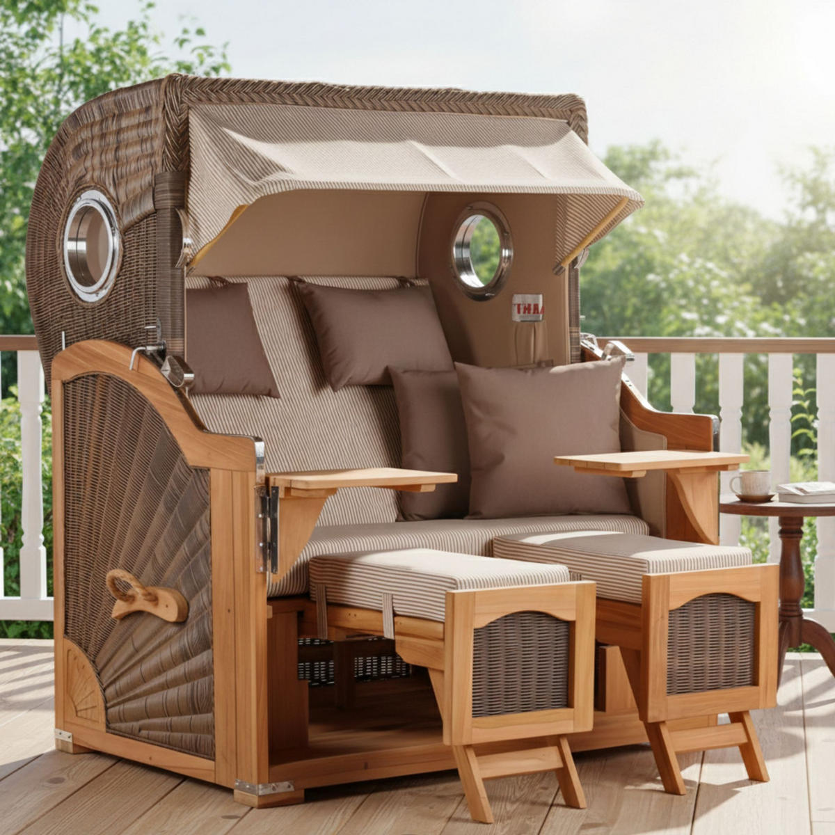 STRANDKORB Düne Grande Bullauge Teak PE Grey Dessin 510 - Beige/Braun, Metall (142/170/95cm) - Mr. Deko