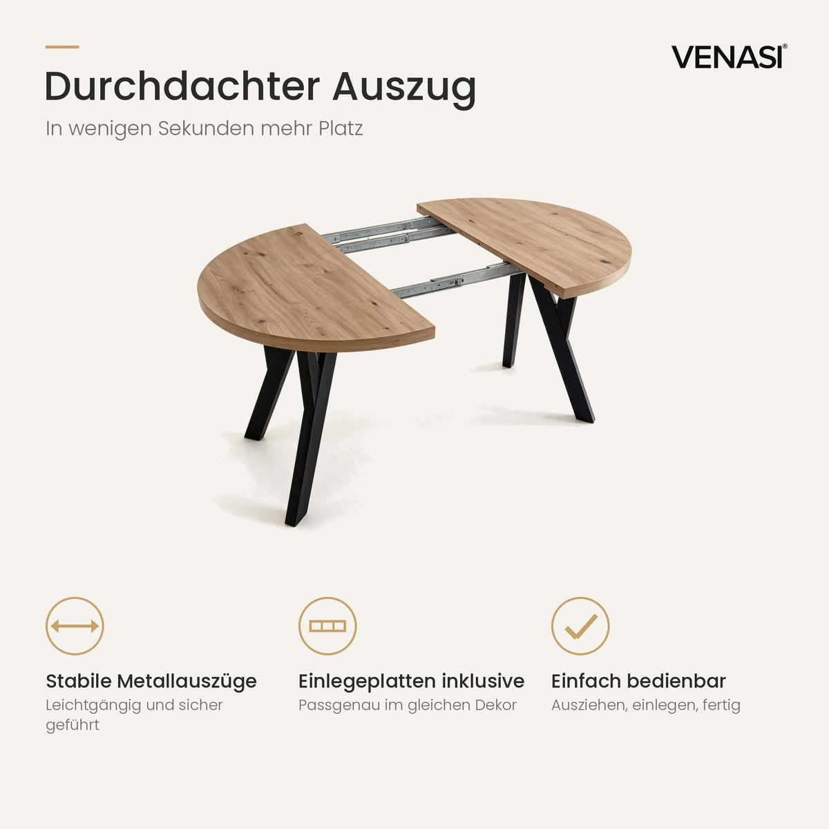 ESSTISCH ausziehbar rund 90-190 cm ATO Aristan, Auszugstisch mit Einlegeplatte - Dunkelbraun/Schwarz, Holzwerkstoff (90/90/77cm) - VENASI MÖBEL