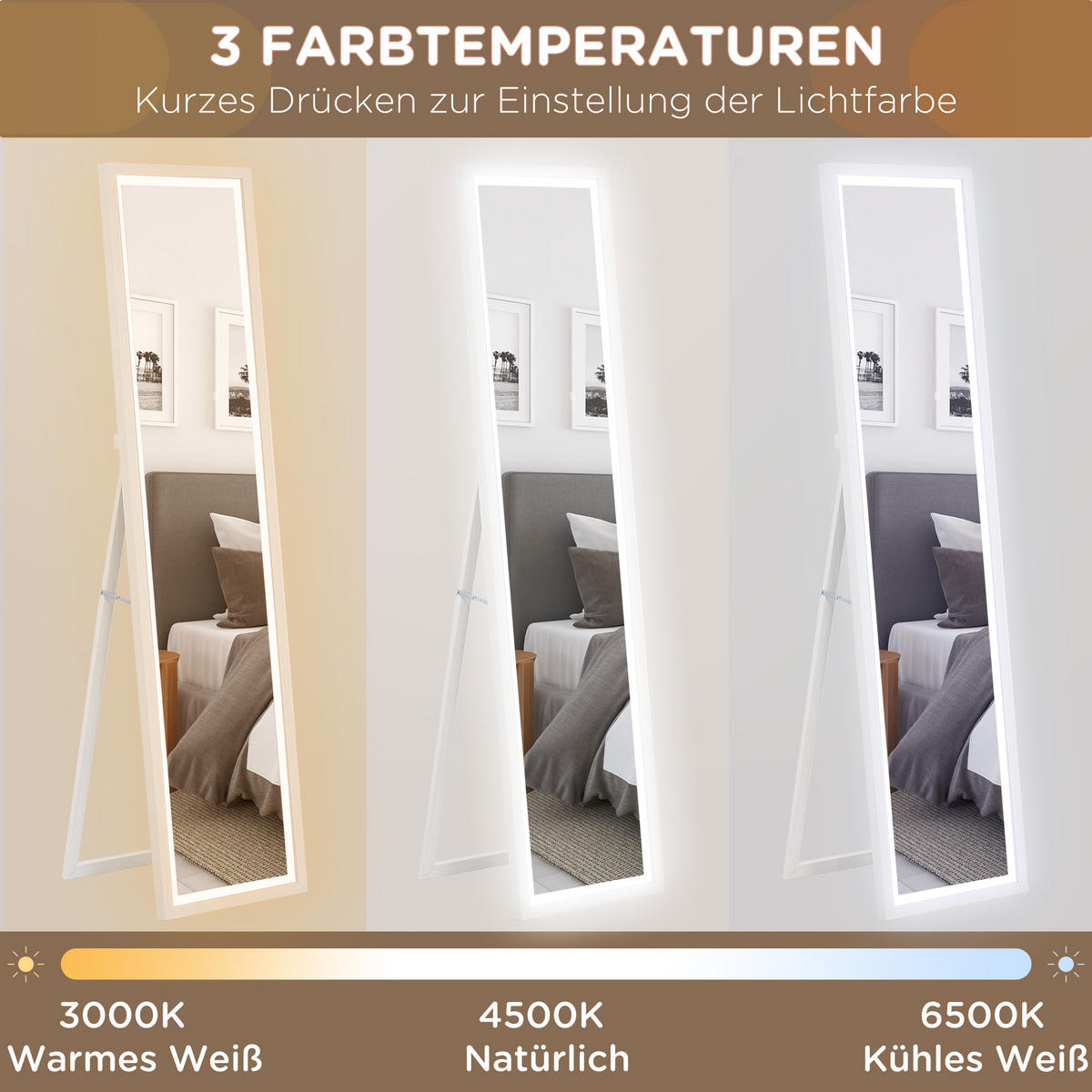 GANZKÖRPERSPIEGEL 40 x 160 cm Standspiegel mit LED Lichte, Weiß - Weiß, Glas (40/160/5cm) - HOMCOM