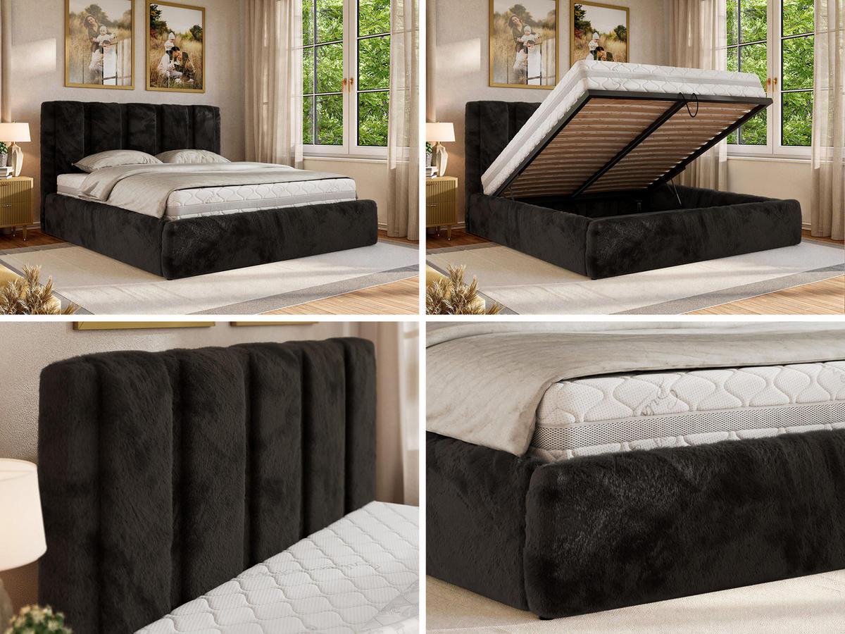 POLSTERBETT SAVINO CLASSIC 160/200 - Schwarz Plüsch - Multipocket-Matratze - Schwarz, Textil (160/200cm) - MKS