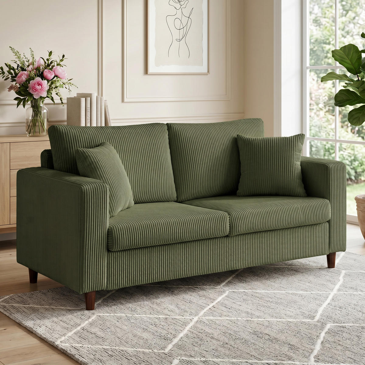 2-SITZER-SOFA Cord 100 Polyester Kautschukholz Grün - Naturfarben/Grün, Holz/Textil (80/82/170cm) - HOMCOM