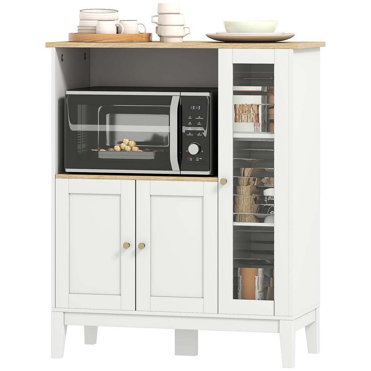 MIKROWELLENUNTERSCHRANK DE-11067 3 Türen mit Kabeldurchlass Weiß/Holz - Weiß, Holzwerkstoff (35/97/80cm) - ComfortXL