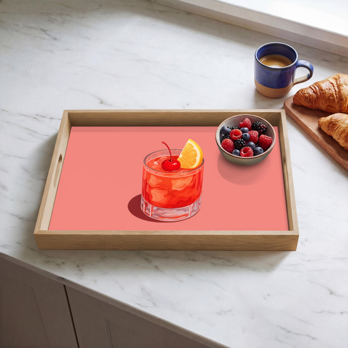 SERVÍROVACÍ PODNOS Sklenice - Kostky ledu - Citron - Třešeň 50x35 cm - růžová, dřevo (50/5/5cm) - OnlyWow