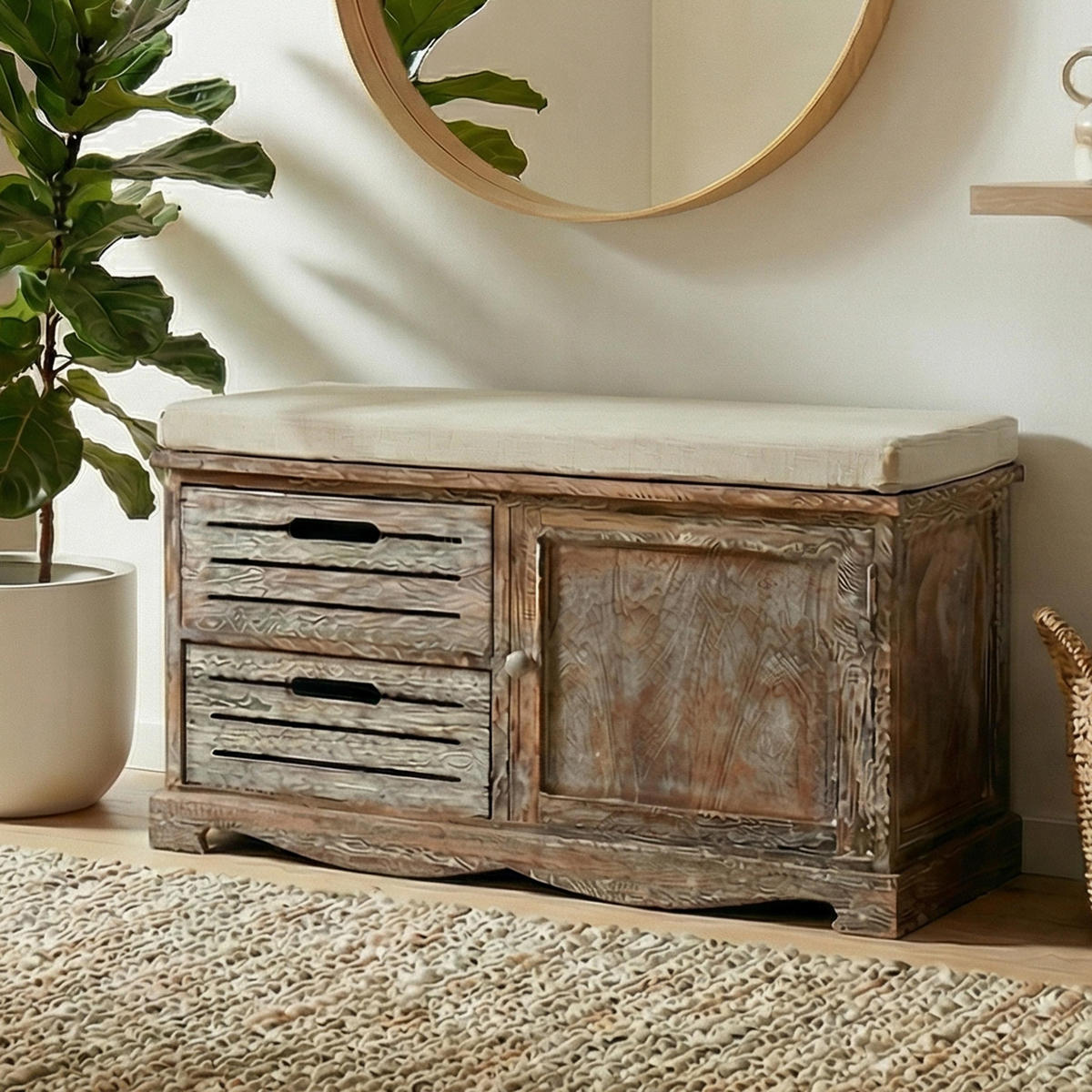 SITZBANK SHABBY-LOOK Braun, Cremeweiß - Braun/Weiß, Holz (71/49/32cm) - MCW