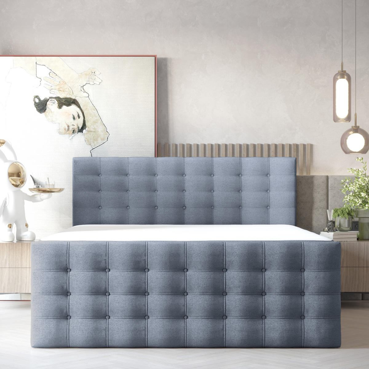 BOXSPRINGBETT Blend Blau Grau 120/200 cm mit Matratze - Blaugrau/Schwarz, Holz/Holzwerkstoff (120/200cm) - Maison de Reve
