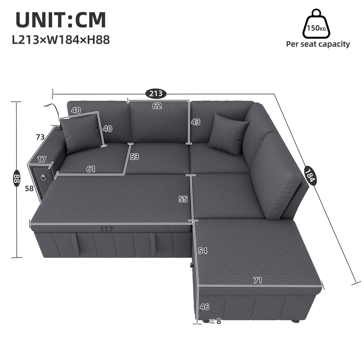 SCHLAFSOFA mit Schlaffunktion, Stauraum, Grau, 213/184/88 cm - Grau, Textil (213/88/184cm) - EVRYAE