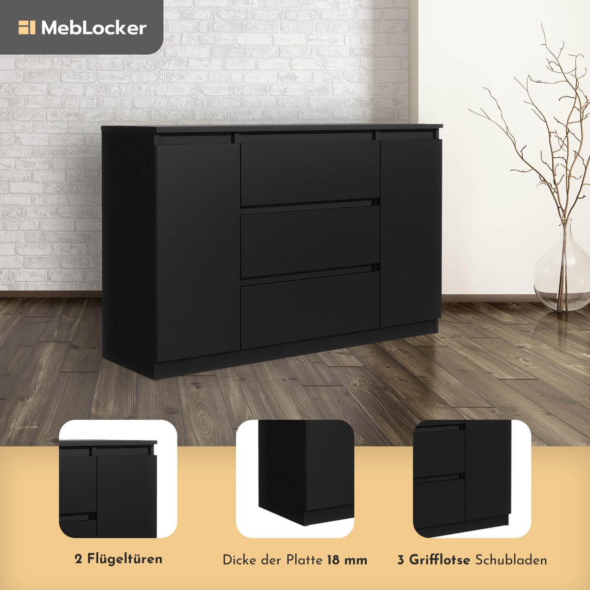 KOMMODE mit 3 Schubladen 2 Schranktüren 140 cm Schwarz - Schwarz, Holzwerkstoff (140/39/78.2cm) - MebLocker