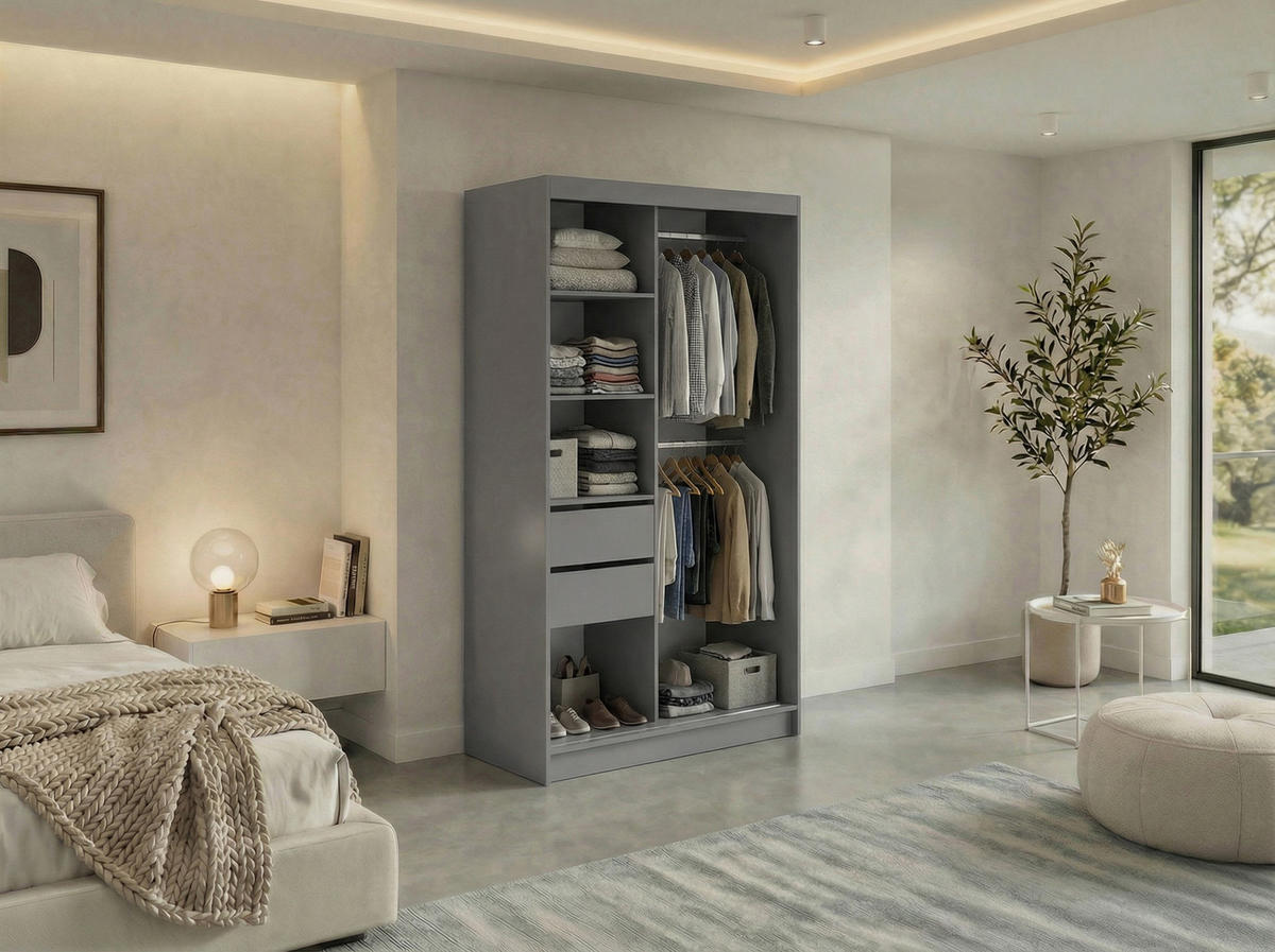 SCHWEBETÜRENSCHRANK mit Schubladen 120 - VERONA - Grau mit Spiegel - Alufarben/Grau, Holzwerkstoff/Metall (120/216/61cm) - MKS