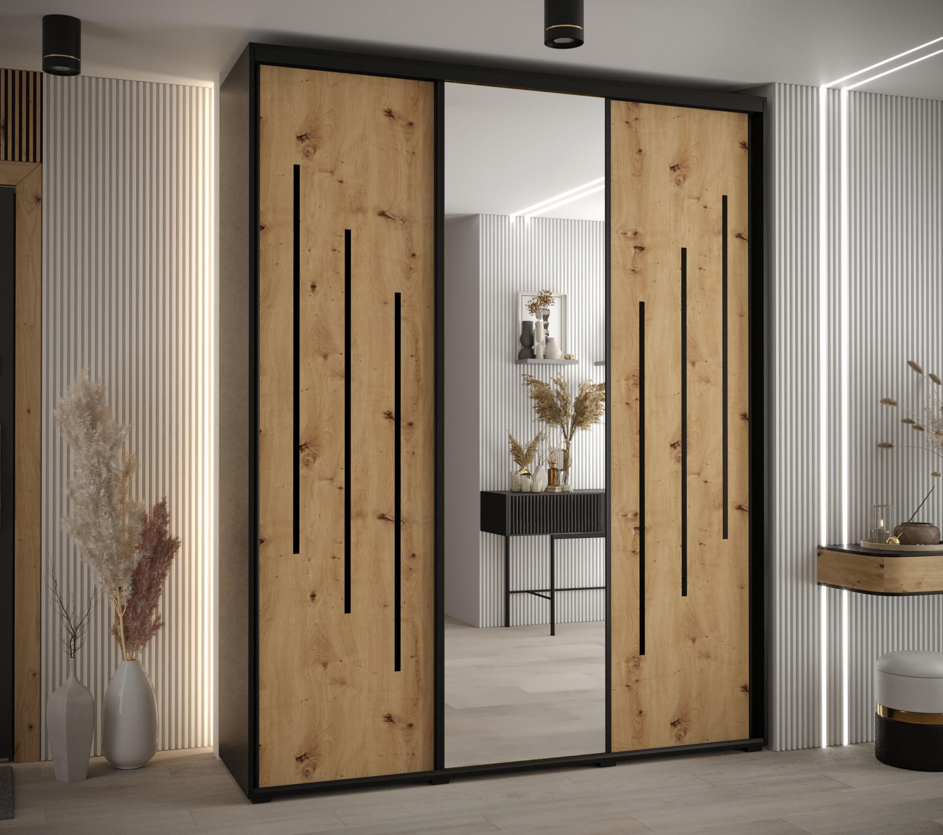 SCHWEBETÜRENSCHRANK 235,2/200/60 3-türig - Schwarz/Eiche Artisan, Holz/Metall (200/235/60cm) - Abiks Möbel