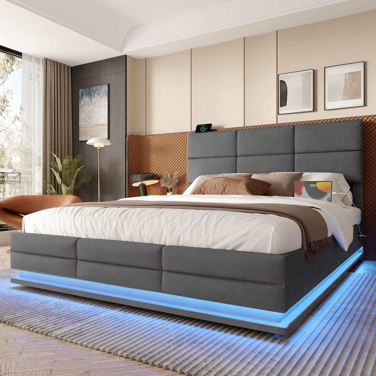 BETT mit Stauraum 160x200 cm Samt Grau mit LED und USB - Dunkelgrau, Metall (160/200cm) - Meubliv