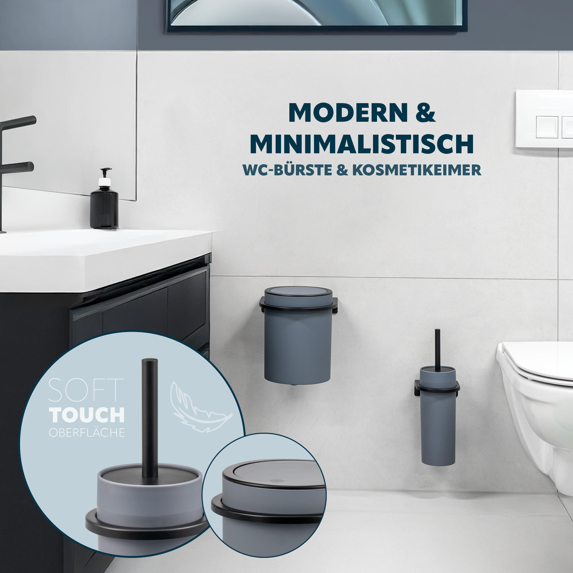 WC-GARNITUR 2-TLG. Bürste u. Eimer SAVONA Softtouch inkl. Wandhalterung, rund - grau - Grau, Kunststoff (19/24.5/19cm) - bremermann
