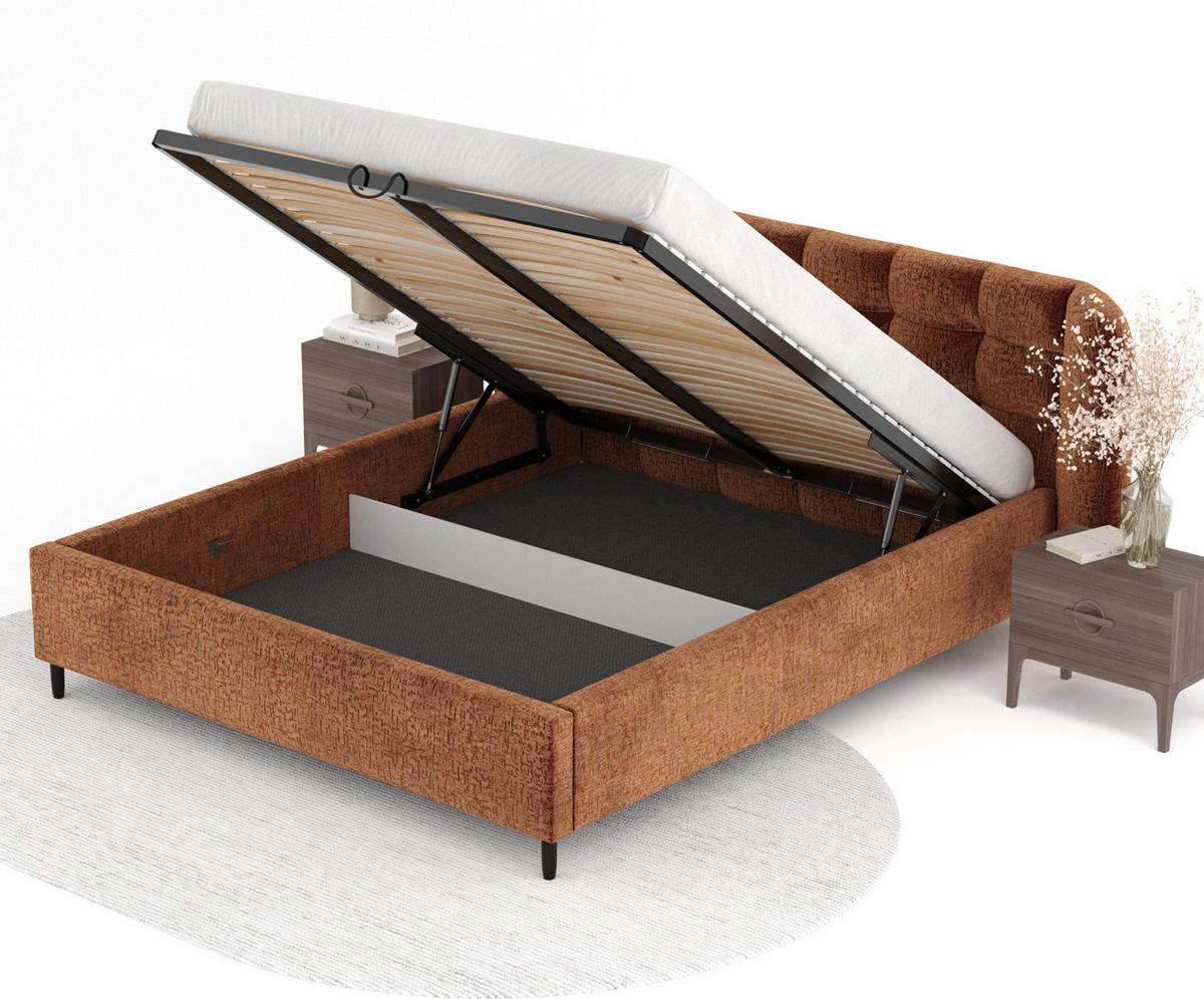 POLSTERBETT Nuno Dunkelorange 120/200 cm im Chenille-Stoff - Dunkelorange/Schwarz, Holz/Holzwerkstoff (120/200cm) - Maison de Reve