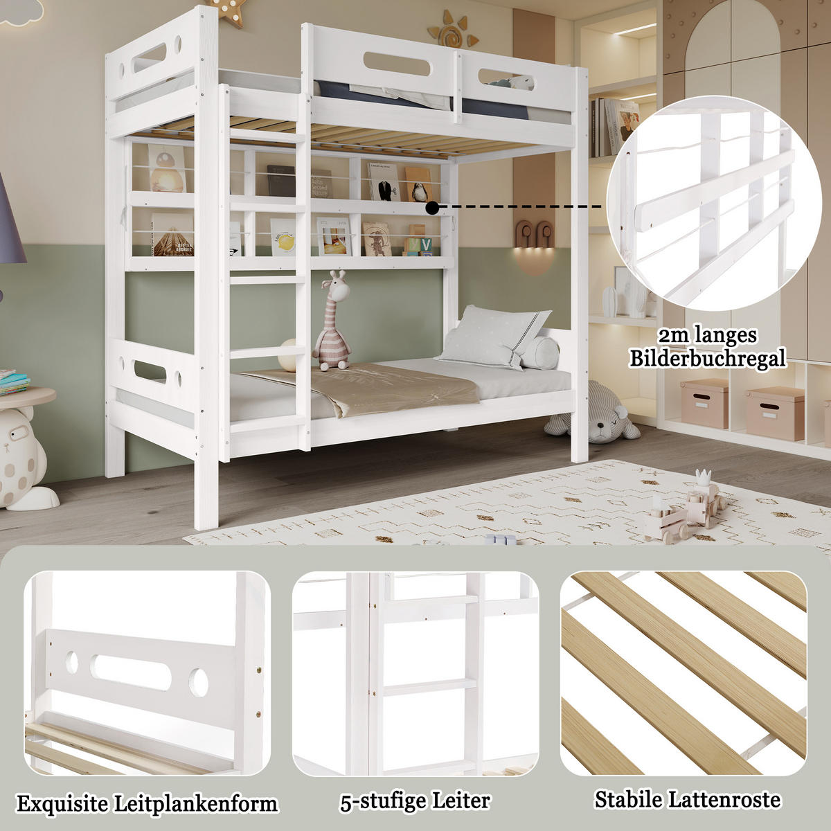 ETAGENBETT 90/200 cm in Weiß & Natur mit Regal und 5-stufiger Leiter - Weiß/Naturfarben, Holz/Holzwerkstoff (90/200cm) - CHICFURN