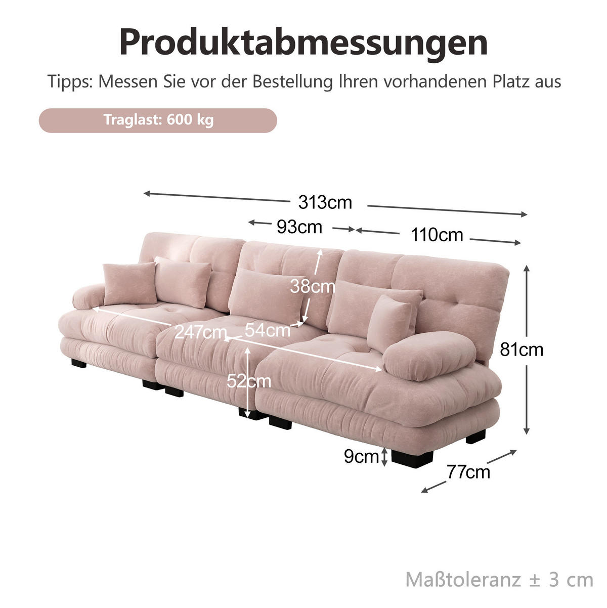 MODULARES Ecksofa aus Chenille in Pink 77x313x81 cm mit tiefem Sitz und Kissen - Pink, Textil (313/77cm) - IVMEU