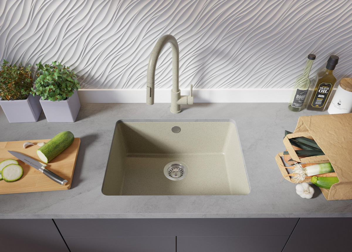 UNTERBAUSPÜLE GRANIT Venedig Easy, 2-er set Beige 56/44 cm 1 Becken + Küchenarmatur 38/14 cm + Ablauf-Set ab 60er Unterschrank - Beige, Kunststoff (56/20/44cm) - Primagran