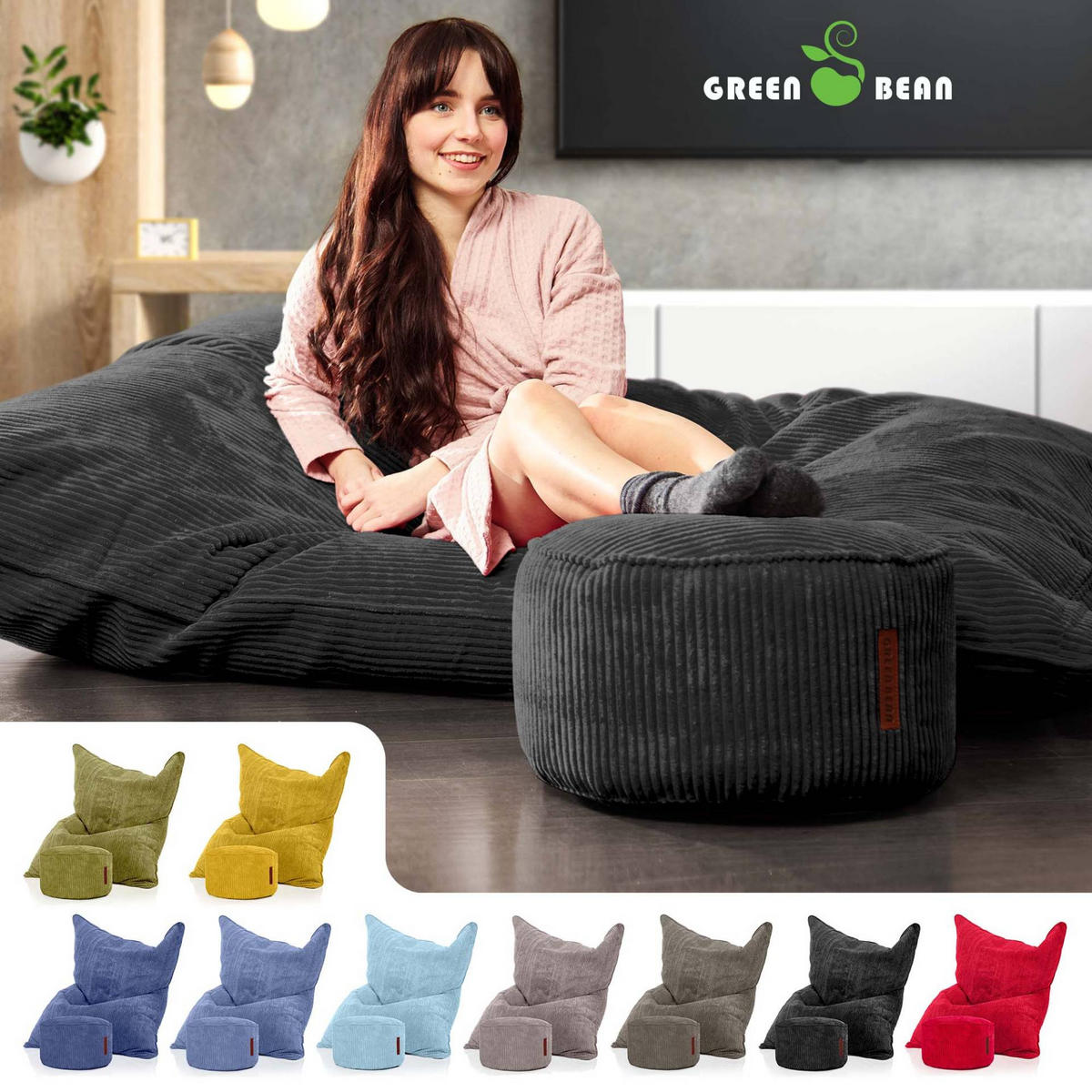 SITZSACK XXL "Square" + Pouf aus Cord - Schwarz, Textil (140/25/180cm) - Green Bean