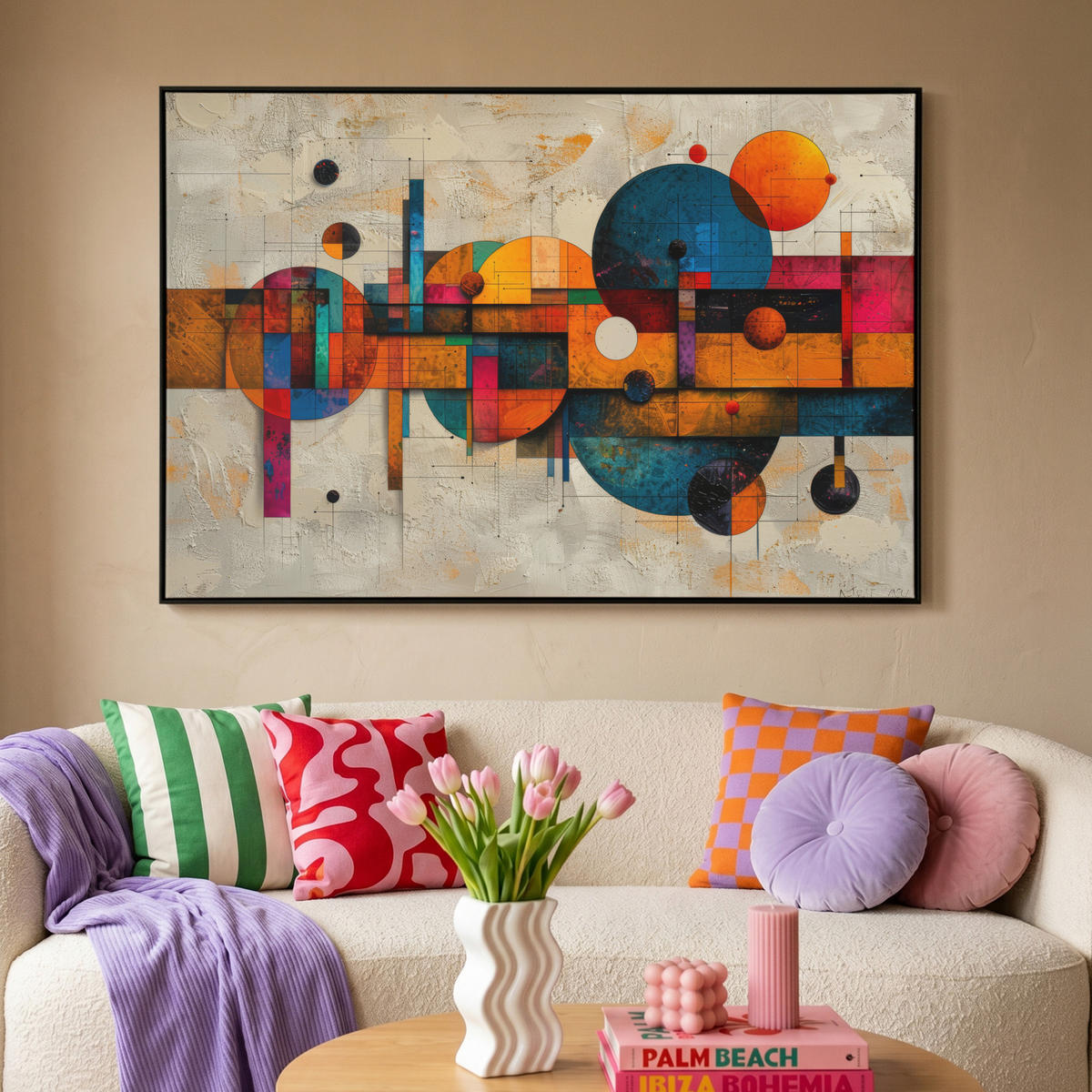 LEINWAND Bilder mit Rahmen - Vintage - Moderne Kunst - Orange - Geometrische Formen - 140x90 - Multicolor, Textil (140/90cm) - MuchoWow