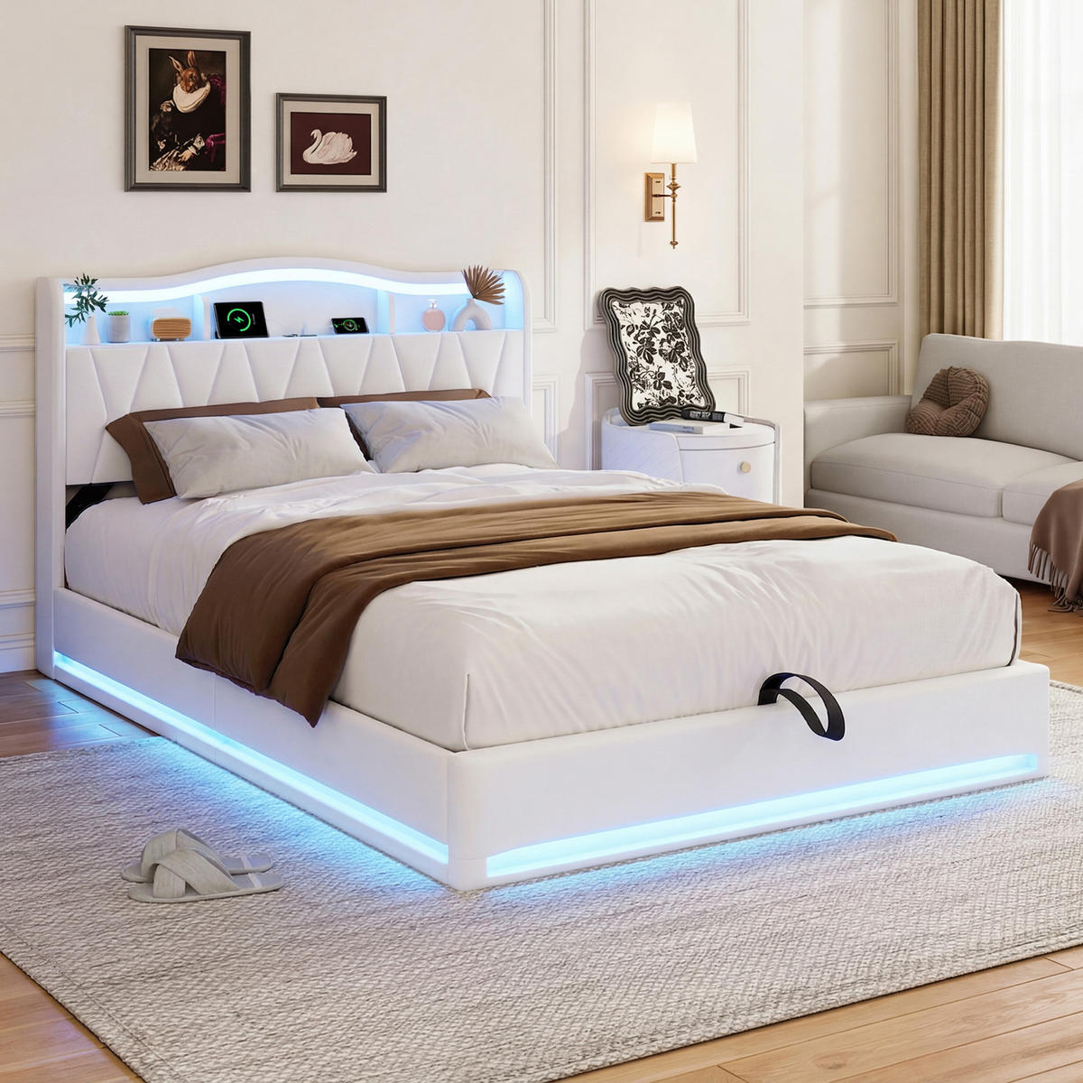 ČALÚNENÁ posteľ 160/200 cm béžová s úložným priestorom, LED a USB - krémová, drevo - SHOPENTRA