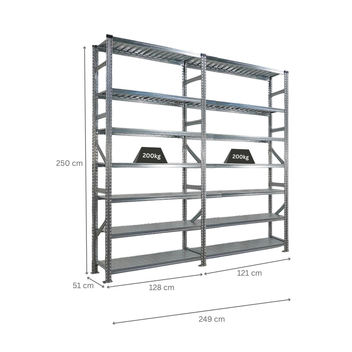 FACHBODENREGAL Proximo Stecksystem 250x240x50cm 7 Ebenen Beidseitig nutzbar Verzinkt - Silberfarben, Metall (240/250/50cm) - PROREGAL