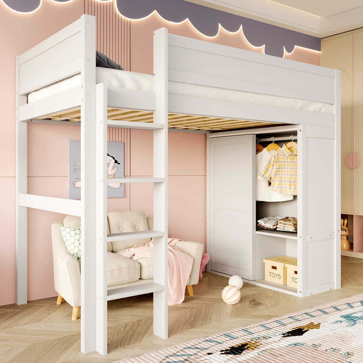 HOCHBETT 90/200 cm in Weiß mit Kleiderschrank und offenem Stauraum - Weiß, Holz (90/200cm) - Flora Grace