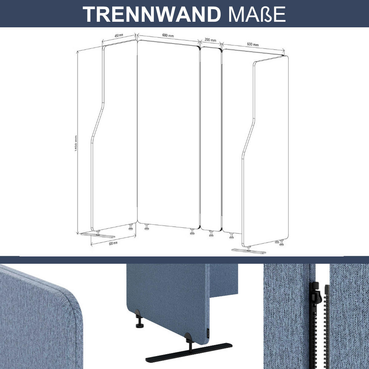 AKUSTIK-TRENNWAND mit Schalldämmung PEOLT 145x260x1,8cm Blau Stellwand - Blau, Kunststoff (260/145/1.8cm) - DELUKE