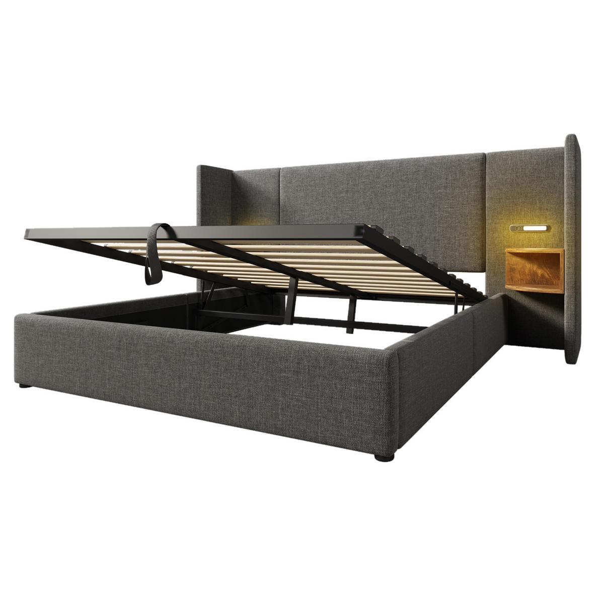 ČALÚNENÁ posteľ z ľanu 160x200 cm sivá s čítacím svetlom, USB a Type-C nabíjaním, úložným priestorom a matracom - sivá, textil (160/200cm) - Modfu