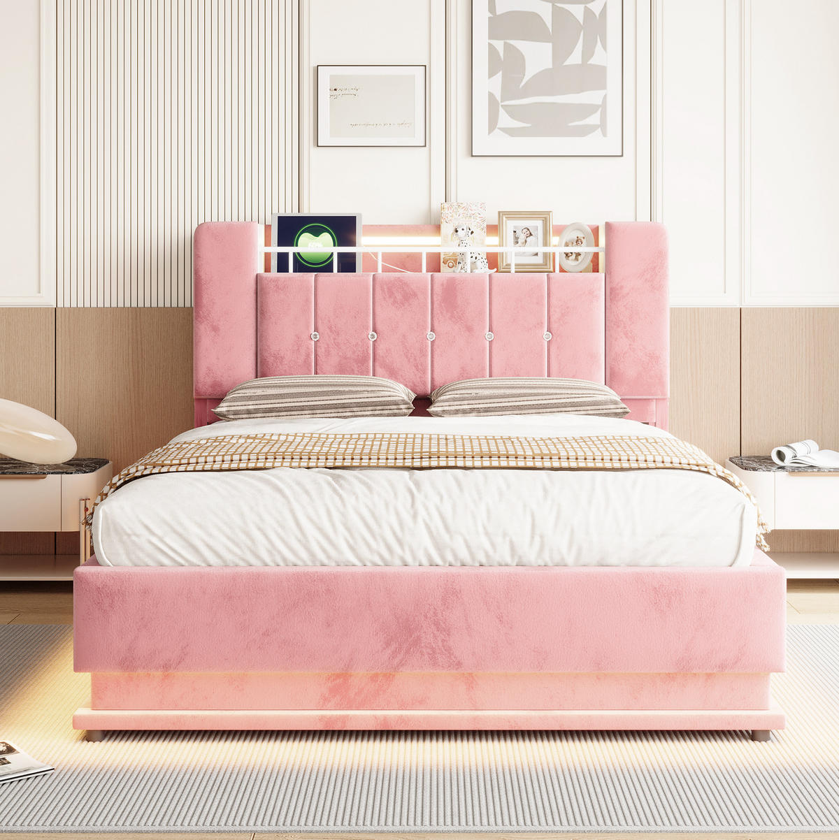 POLSTERBETT 140/200 cm in Rosa mit LED-Beleuchtung, USB und Stauraum - Pink, Textil (140/200cm) - Flora Grace