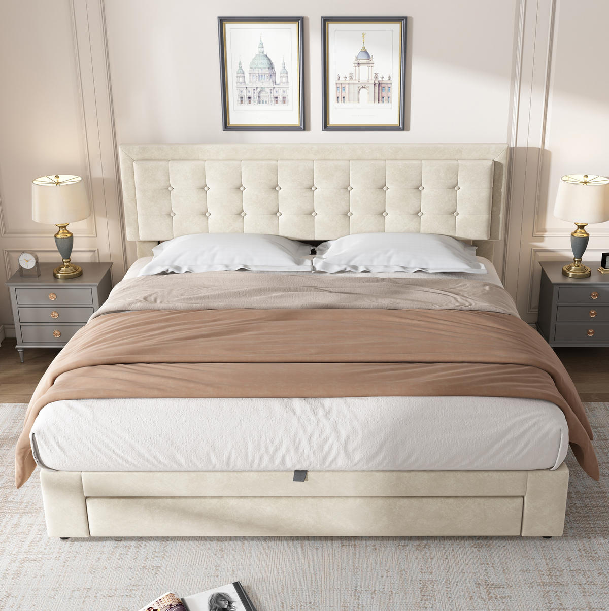 POLSTERBETT 180x200 cm in Beige mit Stauraum und höhenverstellbarem Kopfteil - Beige, Textil (180/200cm) - IVMEU