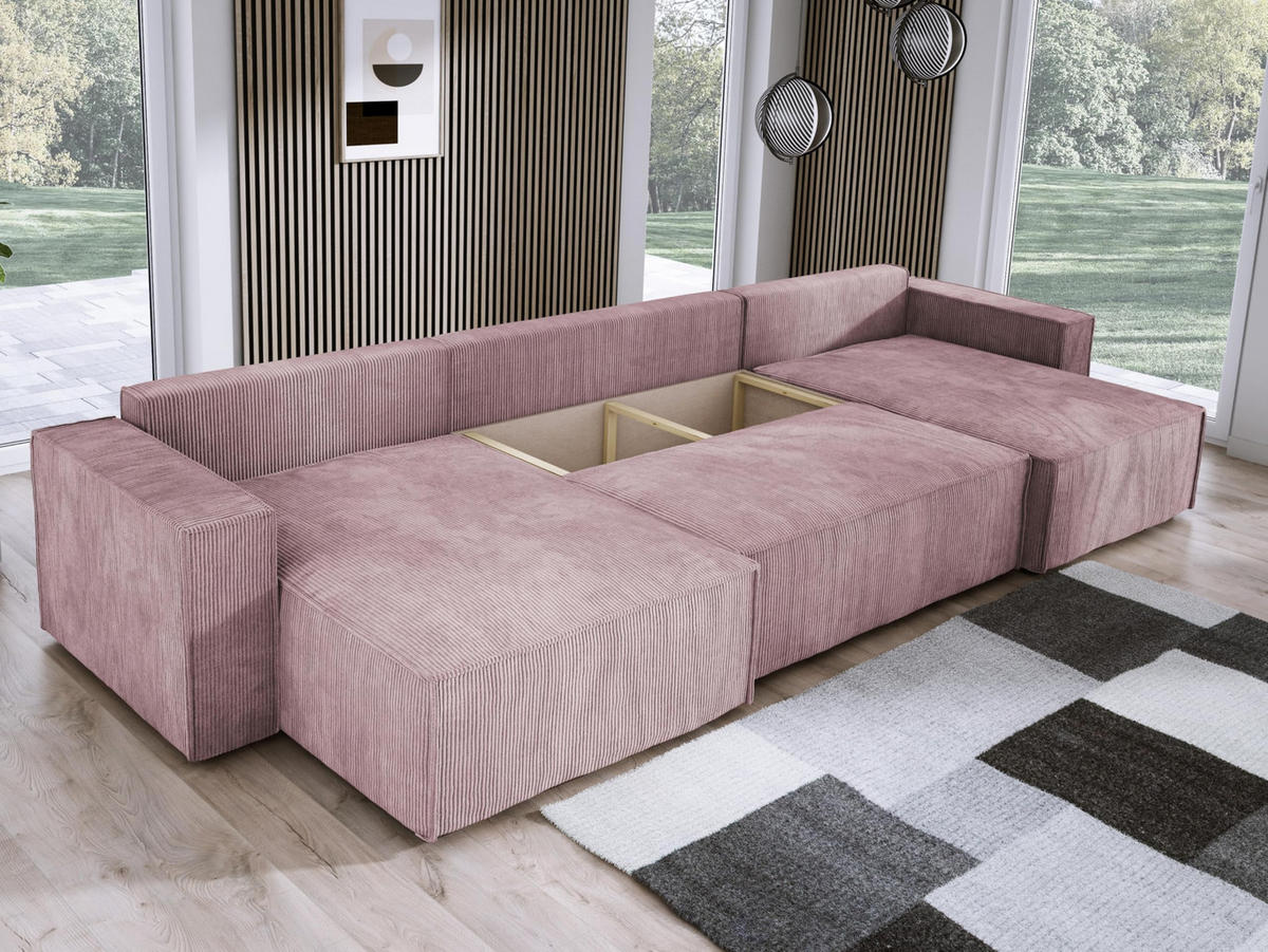 ECKSOFA Poso XXL U-förm, Schlaffunktion, weiche Kissen, Bettkasten, hochwertige Polsterung, lose Rückenkissen, freistehend, 377x143x83 cm Pink - Pink, Holz/Textil (377/83/143cm) - DomoHome