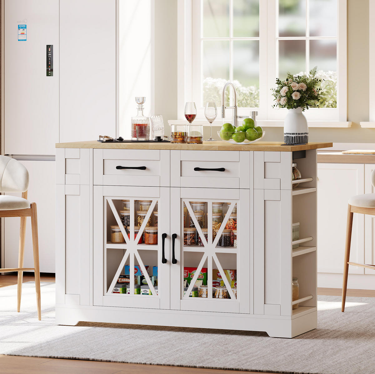 KÜCHENINSEL 120/92/40(65) cm Weiß/Natur aus MDF mit Klapptisch - Weiß, Holzwerkstoff (65/92/120cm) - OKMYHOME