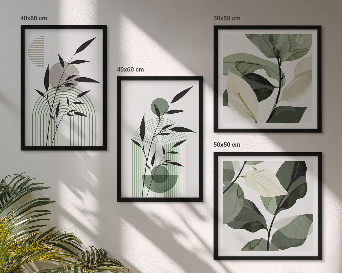 BILDER SET 4er Set - 50x50 cm & 40x60 cm Schwarzer Rahmen - Boho-Pflanzenkompositionen - Schwarz, Kunststoff (50/50cm) - TULUP