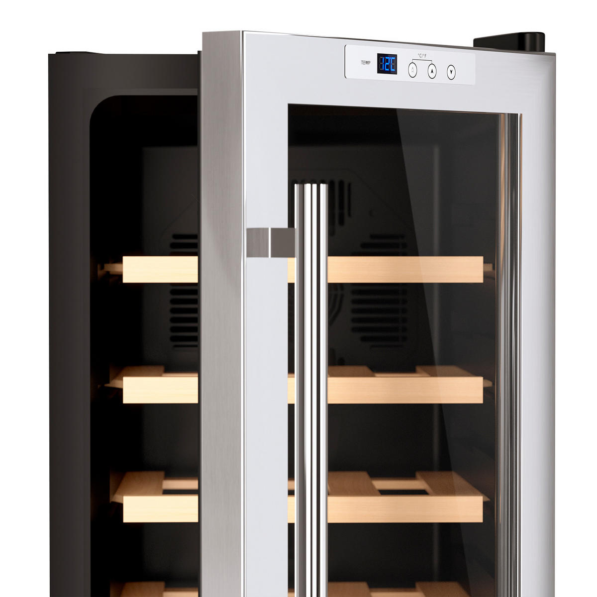 WEINKÜHLSCHRANK CAVC18 Schwarz und Silber, von 18 Flaschen, 50L, 5 Regale, Thermoelektrische Kühlung, Elegantes Design, LED, Anti-UV - Schwarz, Metall (34.8/67/48.5cm) - Les Petits Champs