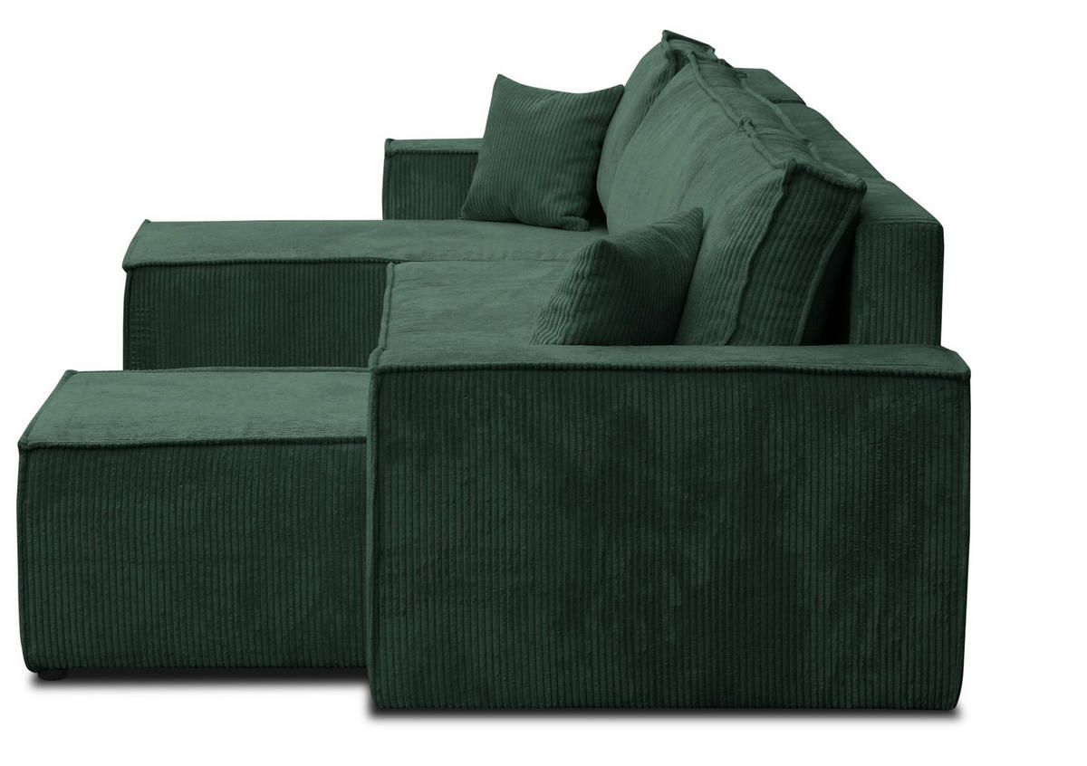 WOHNLANDSCHAFT Hugo U-Form Cordstoff mit Schlaffunktion und Bettkasten - Grün, Textil (312/83/142cm) - VENASI MÖBEL