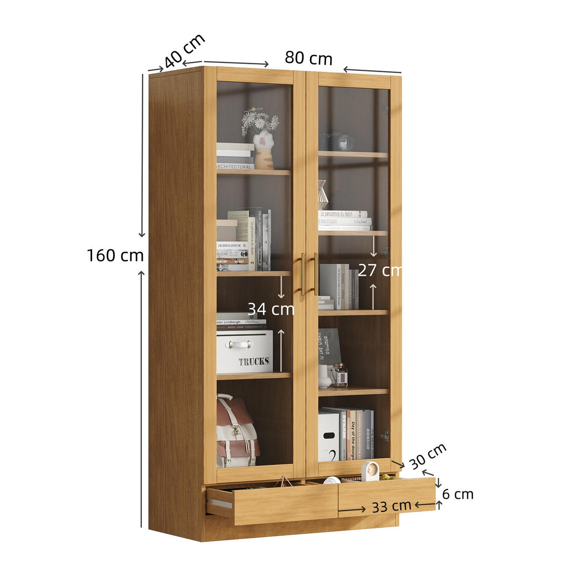 GLASVITRINE 80x40x160cm Holzfarbe Büroregal Push-To-Open-Schubladen - Naturfarben, Holz (40/160/80cm) - FLIEKS