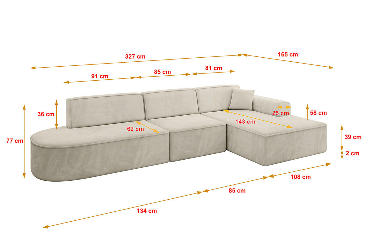 ECKSOFA Ottomane Rechts IREA-L2-v3 - 328x171x79 cm Dunkelgrau - Ecru/Schwarz, Holzwerkstoff/Kunststoff (171/328cm) - ALTDECOR
