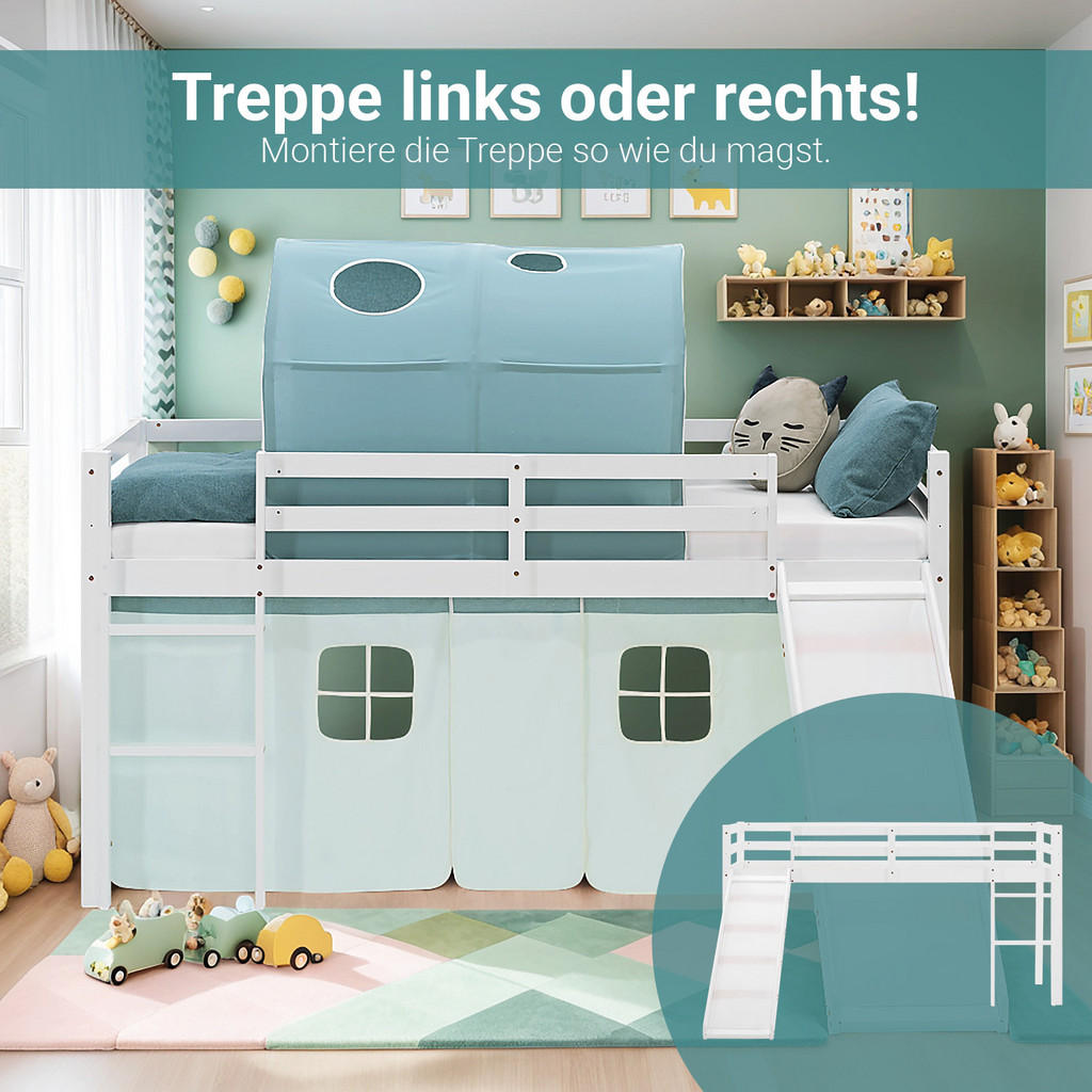 Thumbnail - Homestyle4u Hochbett, Weiß, Mintgrün, Textil, Kiefer, 90x200 cm, Kinder- & Jugendzimmer, Kindermöbel, Kinderbetten, Hoch...