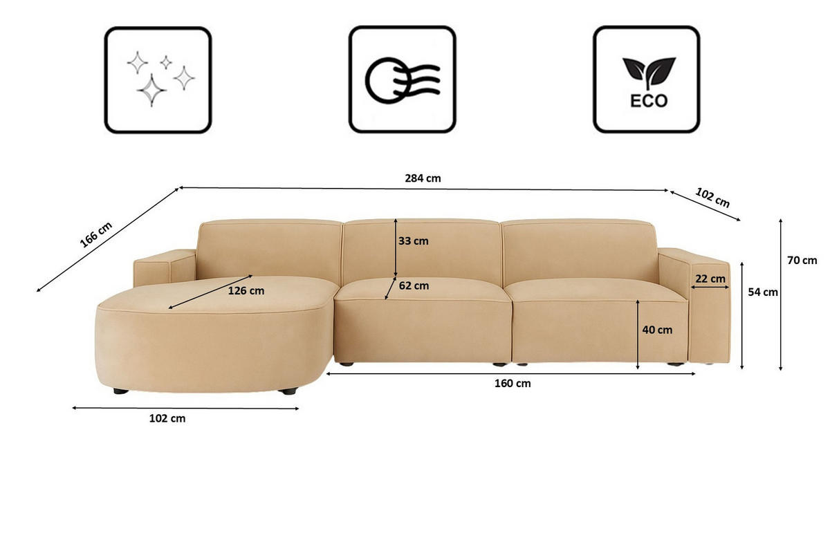 ECKSOFA Cursal Round L-Form, Stoff Salvador, Beige, Links - Beige, Holz (284/166cm) - Kaiser Möbel