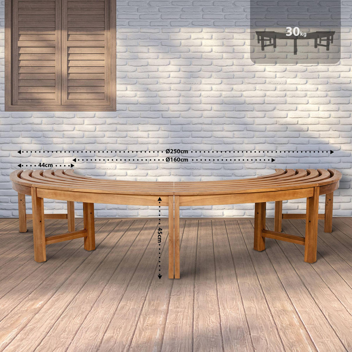 BAUMBANK Risen Holz Teak 250x125x45cm Halbrunde Sitzbank - Teakfarben, Holz (250/45/125cm) - DELUKE