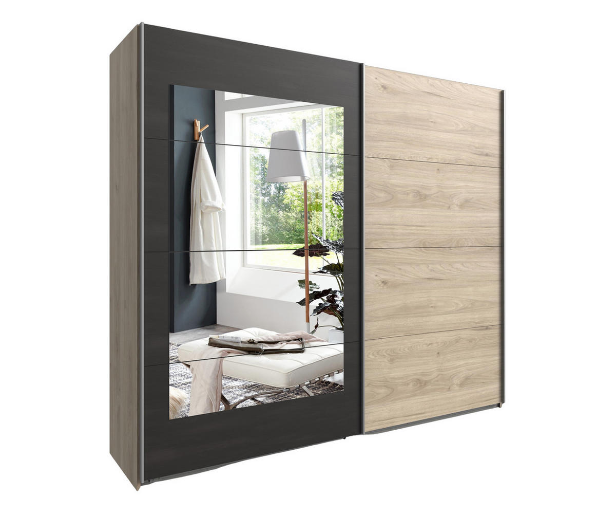 SCHWEBETÜRENSCHRANK 2-türig B225/H208/T65 cm in Eichen-Dekor mit Absetzungen in grauer Stahl-Optik / 22002 - Eichefarben/Alufarben, Holzwerkstoff/Metall (225/208/65cm) - luma-home