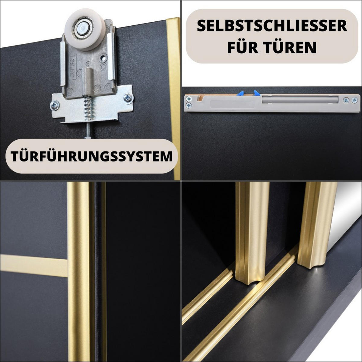 SCHWEBETÜRENSCHRANK Marika Lux, 3-Türig, mit Schubladen, Schwarz+Gold, 240 cm - Goldfarben/Schwarz, Holzwerkstoff (240/216/61cm) - Beautysofa