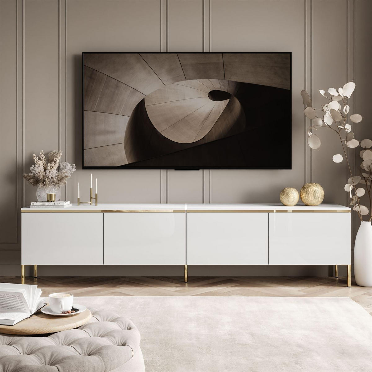 TV-RACK CELINE GLOSS 200 cm auf gerade goldenen Füßen - Weiß, Holzwerkstoff (200/49/40cm) - Lookway